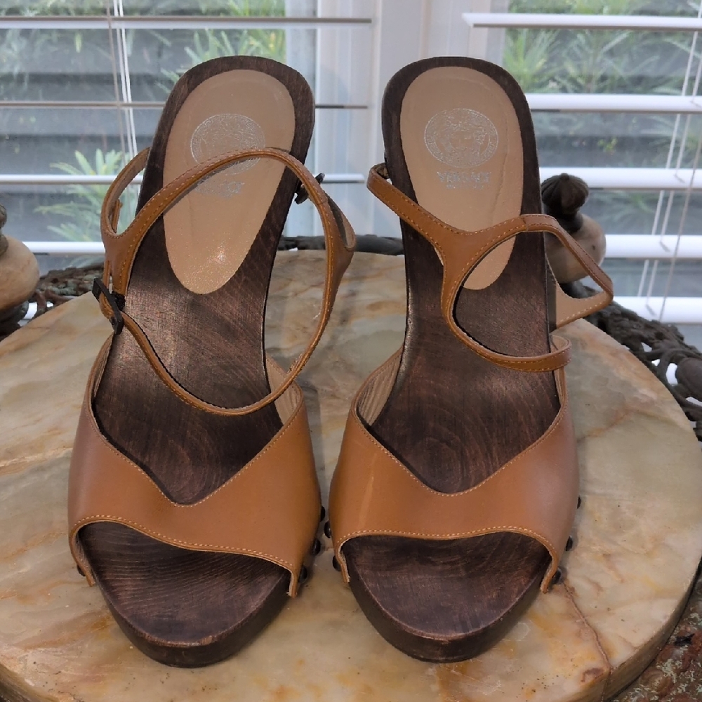 Versace Zoccolo Wooden Platform Brown Leather Women's Heels Size 38